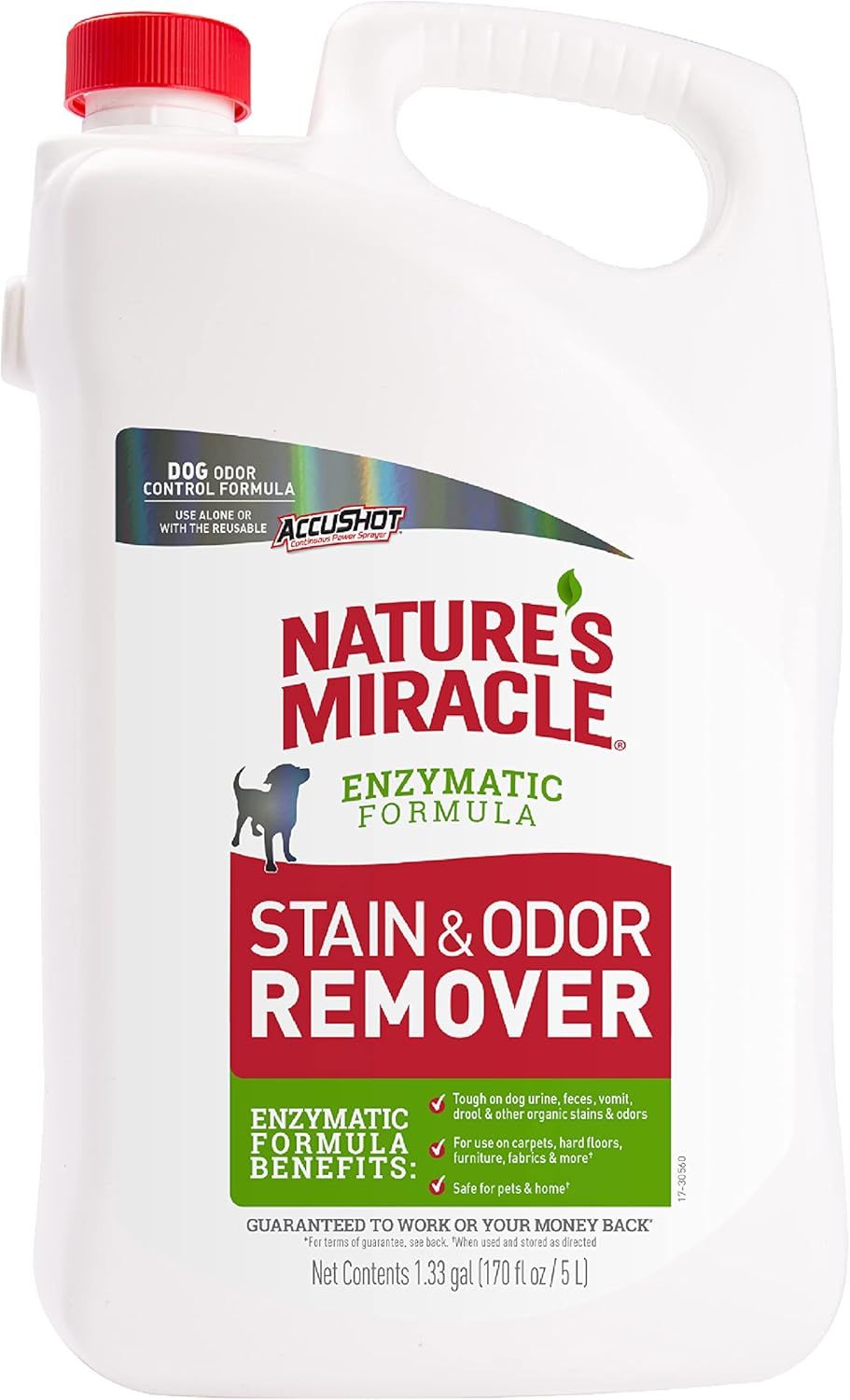 Displays the Nature's Miracle pet stain and odor remover bottle clearly, showing the brand, product type, and key enzymatic formula benefit to help shoppers identify the product and understand its…