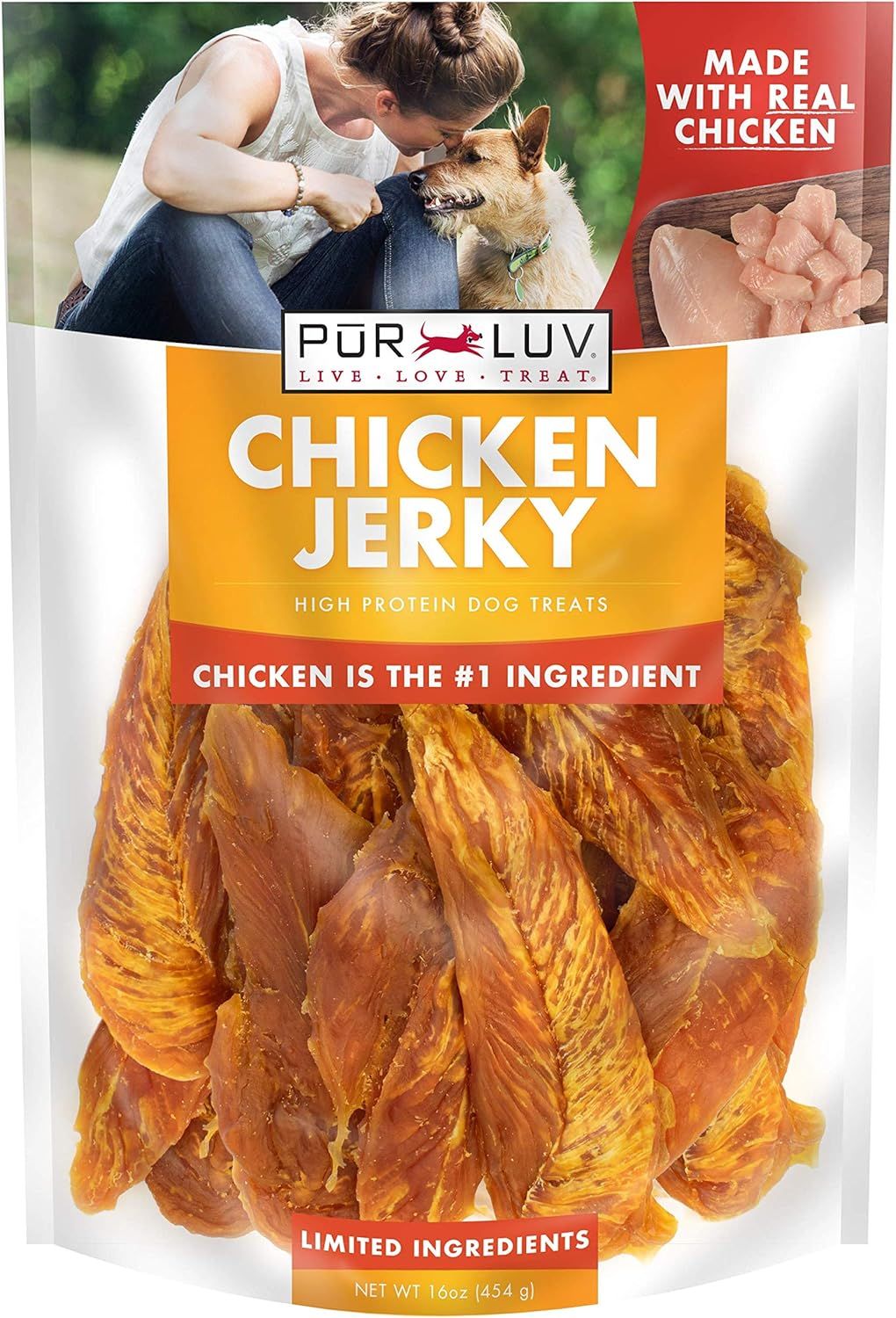 Shows the core product—chicken jerky dog treats in clear packaging—to communicate what the buyer receives and highlight the quality ingredients and high protein content. Displays the retail…
