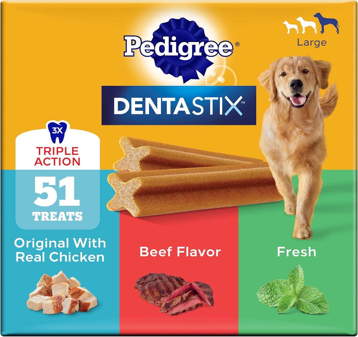 Shows the Pedigree Dentastix product packaging to communicate the brand, product type, quantity, size suitability, and key ingredients to help shoppers identify and select the right dental treat for…
