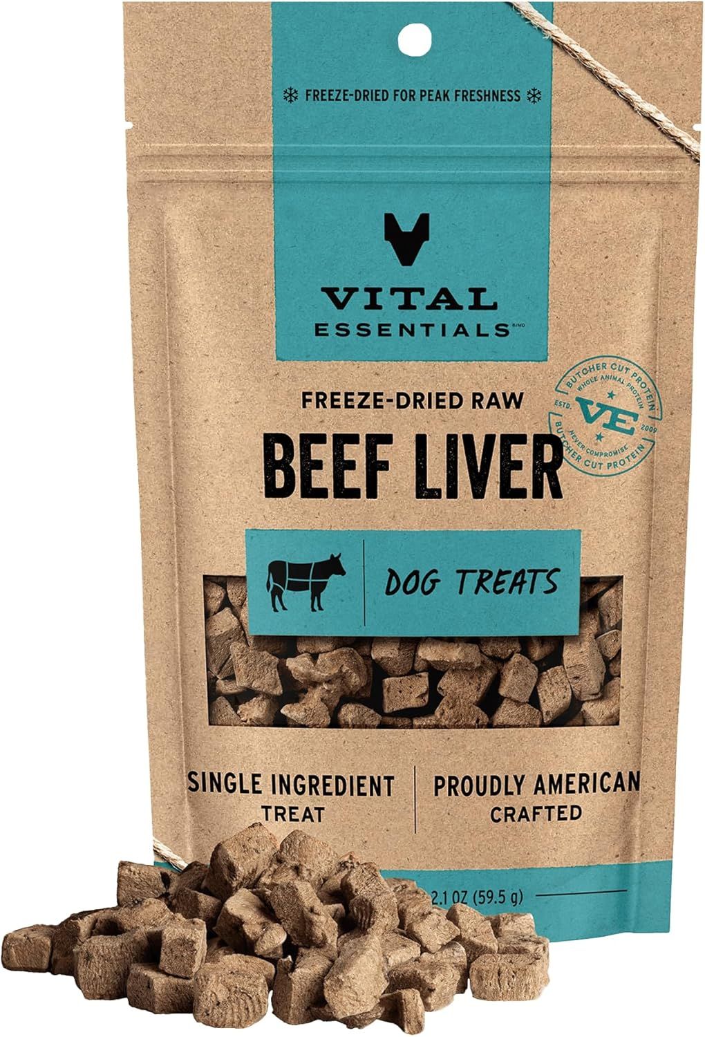 Shows the packaged dog treats product with a clear view of both the retail packaging and the actual treats displayed in front, communicating the product format, ingredient, and what the buyer will…