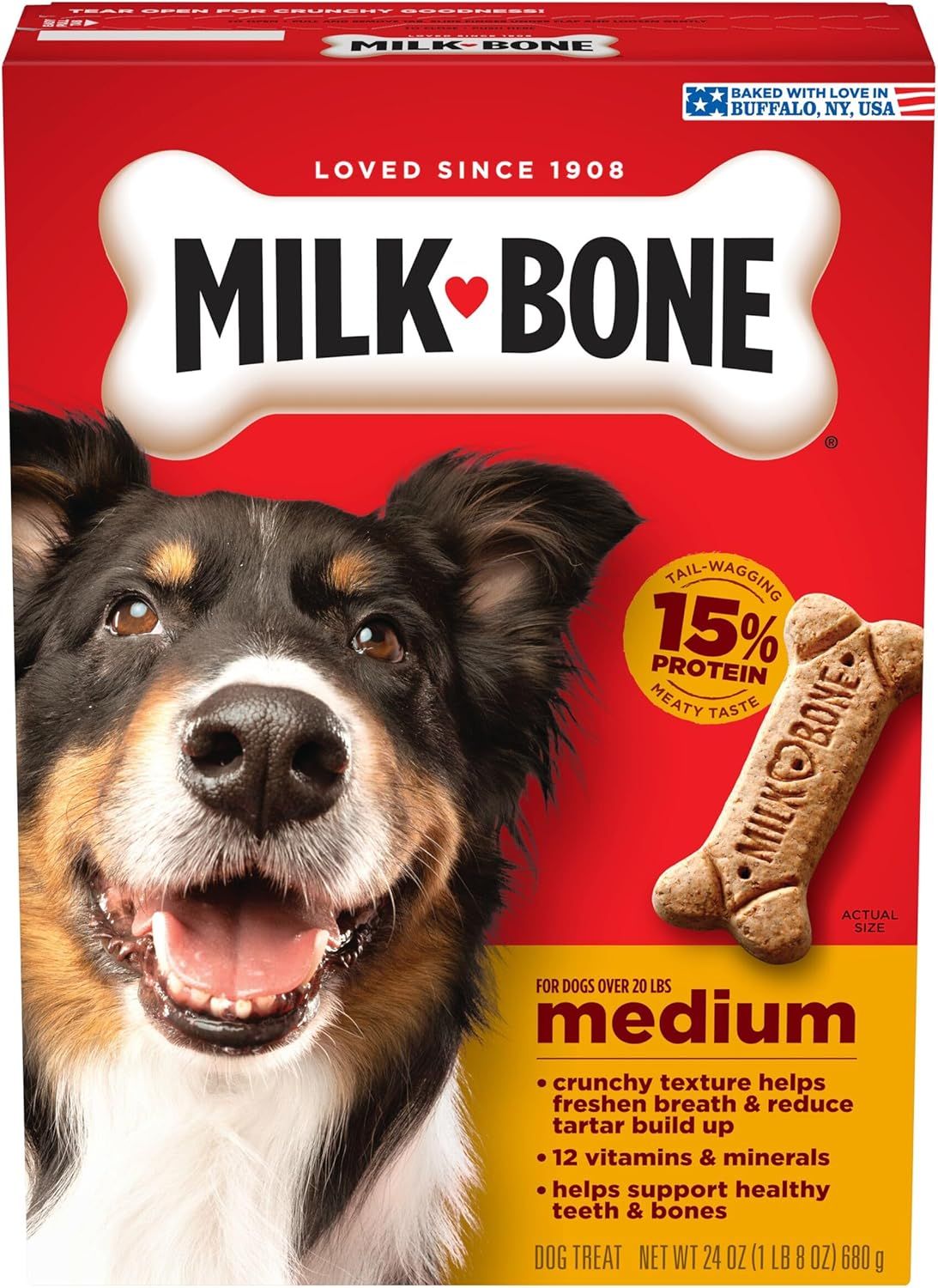 Shows the actual retail packaging the customer will receive, helping them recognize the product on shelf and understand the brand heritage and quality. Features a happy dog to create emotional…