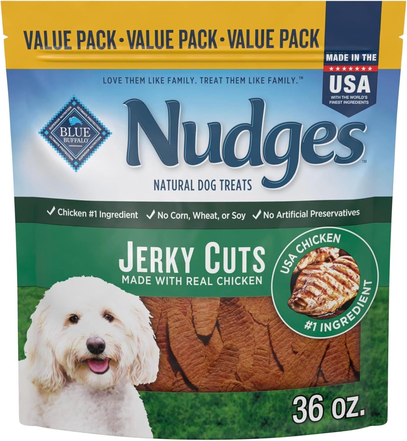 Shows the retail package of Blue Buffalo Nudges dog treats to communicate the product type, key ingredients (chicken as #1 ingredient), and value pack size (36 oz) to help shoppers identify and…
