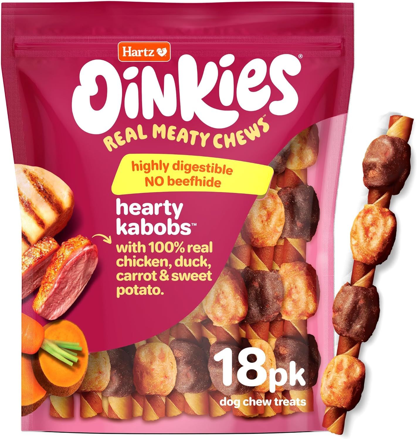 Displays the product packaging prominently with a clear window showing the actual kabob-style dog chews, communicating the product's real meat ingredients and digestibility benefits to reassure pet…