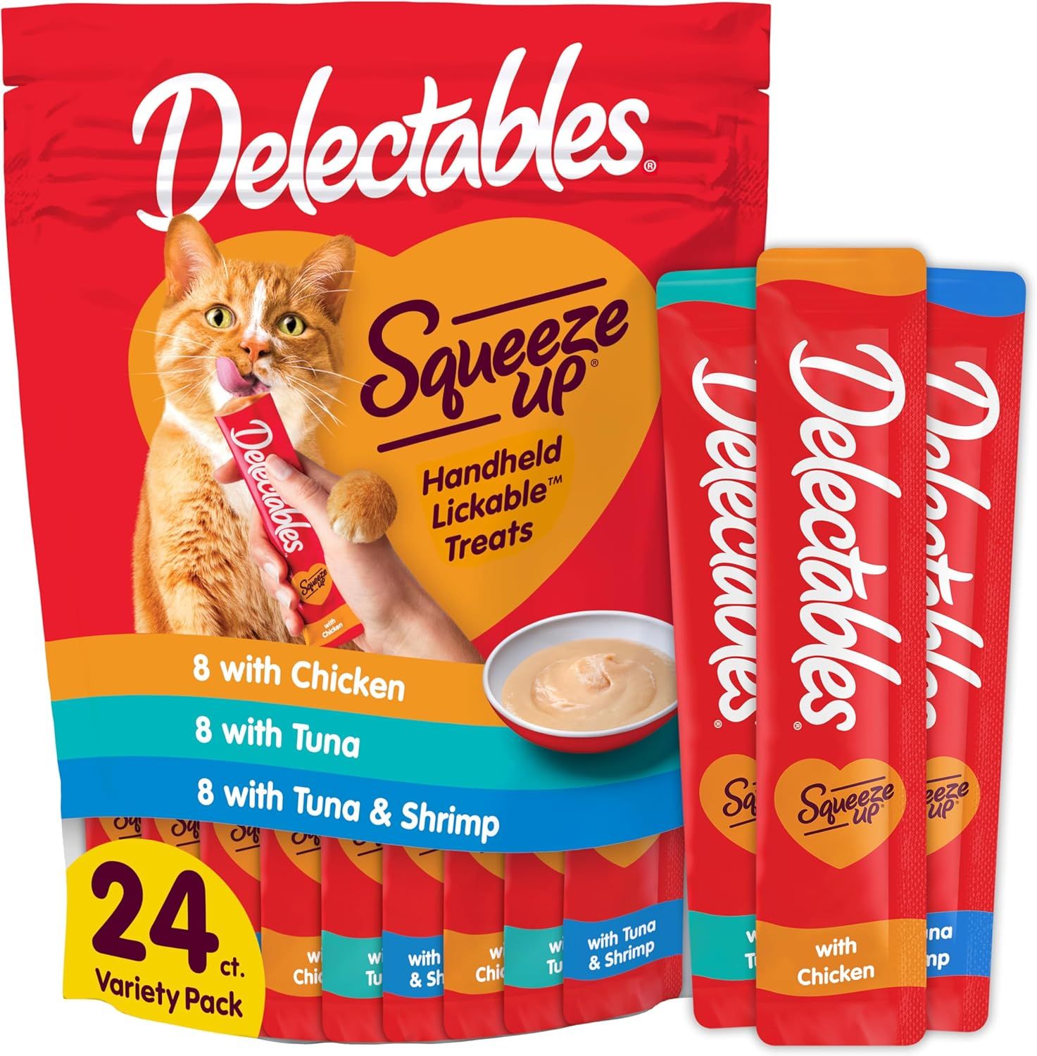 Shows the core product packaging and individual treat tubes to communicate what the shopper will receive—a 24-count variety pack of handheld, lickable cat treats in three flavors. Highlights the…