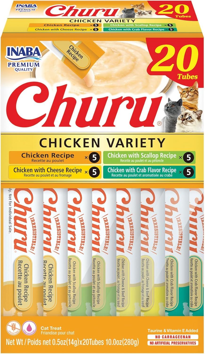 Shows the complete product package with all 20 tubes of cat treats in four different chicken-based flavors, communicating the variety and quantity included in the purchase. Displays the retail…