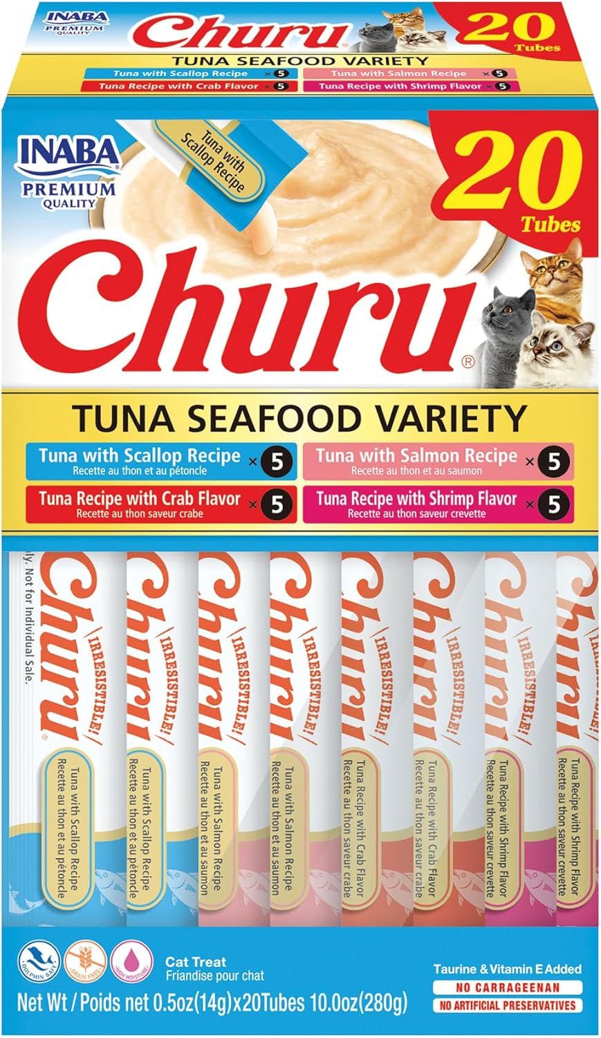 Shows the complete 20-tube variety pack of Churu cat treats with four different seafood flavors, communicating the product quantity and flavor variety to help shoppers understand what they are…