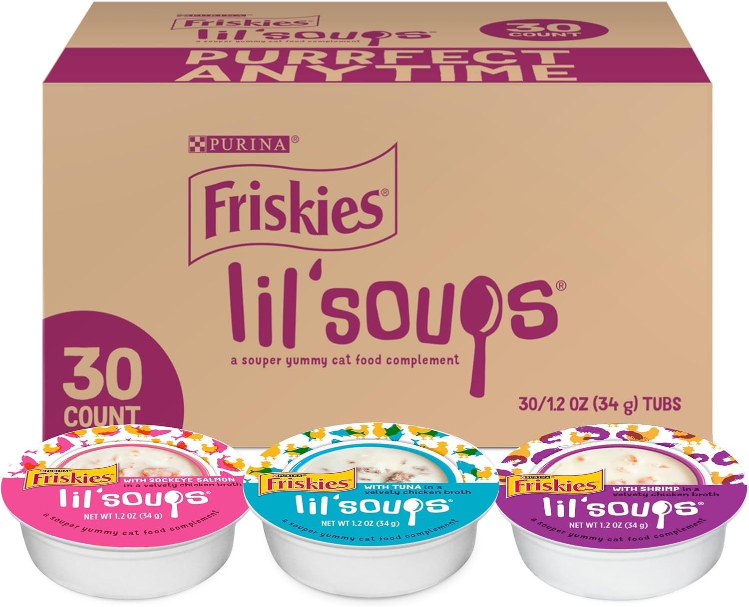 Shows the core product—a 30-count variety pack of Friskies lil'soups cat food complement—with the retail box and three individual tubs displayed to communicate the product format, quantity, and…