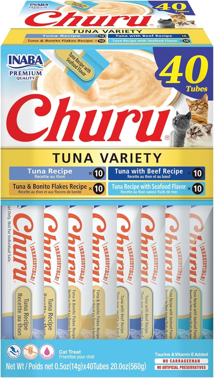 Shows the complete product package with all 40 tubes of cat treats in four different tuna-based flavors, communicating the variety and quantity included in the purchase. Displays the retail…