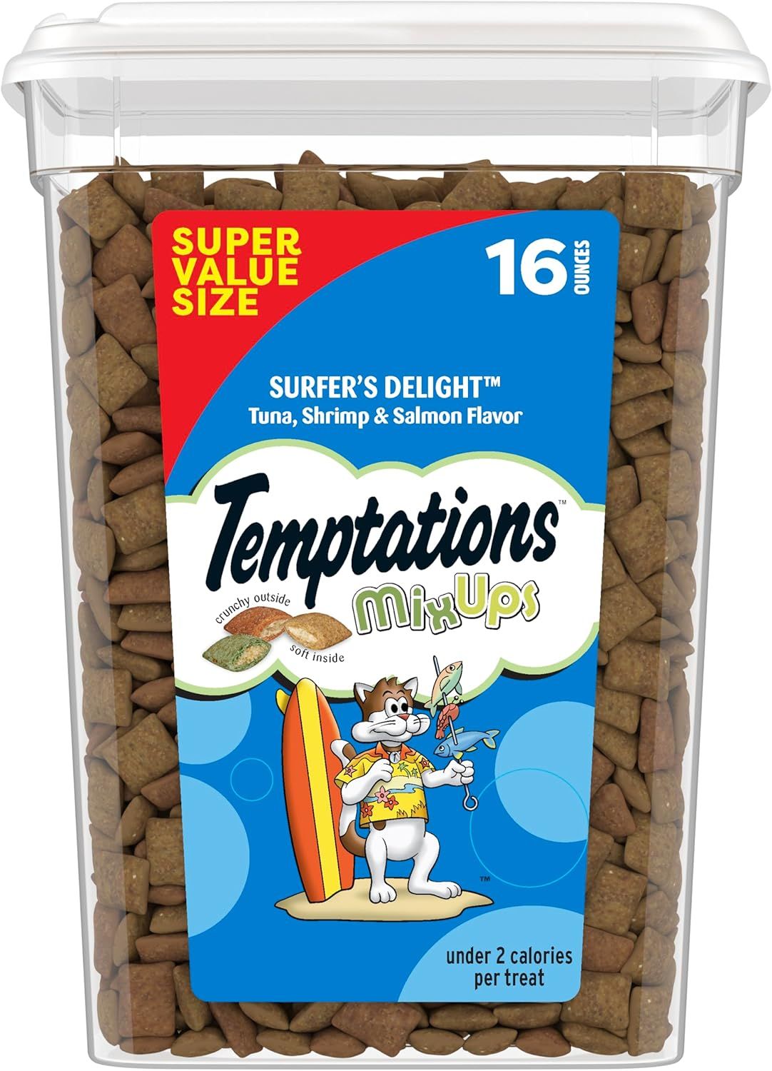 Shows the core product, a large container of Temptations MixUps cat treats, to communicate the quantity and packaging format available for purchase. Displays the retail packaging with clear…