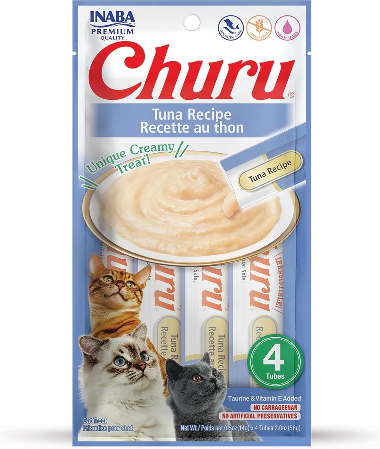 Shows the core sellable product—a 4-pack of Churu cat treat tubes in tuna flavor—clearly displayed in retail packaging so shoppers can see exactly what they are purchasing. Displays the retail…