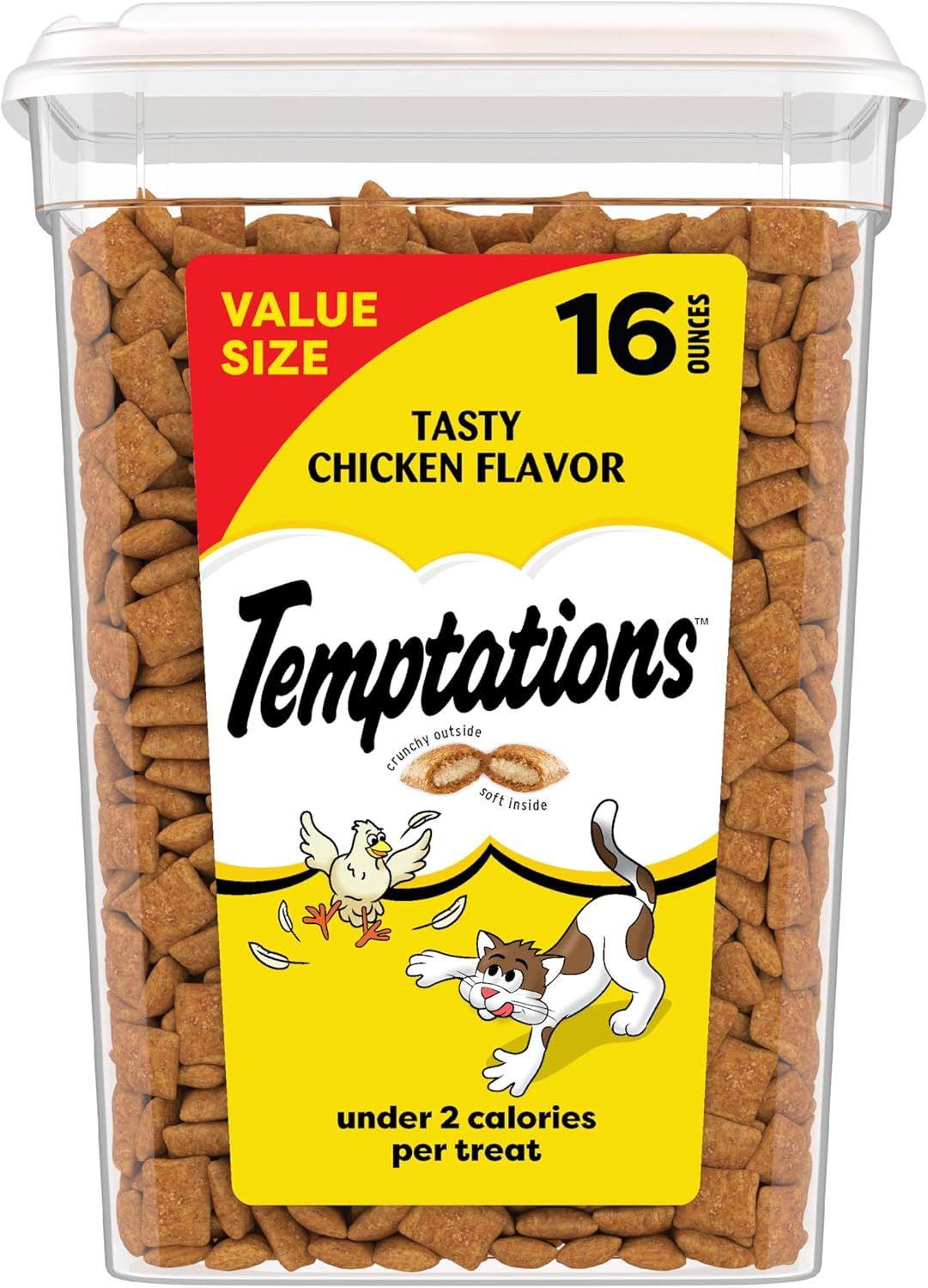 Shows the core product—a large container of Temptations cat treats—to communicate the value size offering and flavor variant available for purchase. Displays the actual retail packaging the buyer…