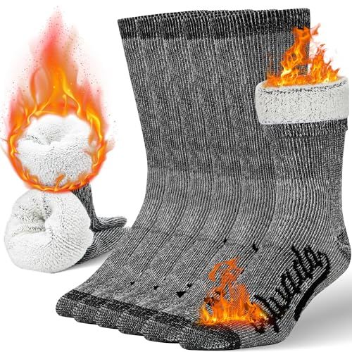 Communicates that these socks provide exceptional warmth and thermal insulation through the visual metaphor of flames and the visible plush interior lining, reassuring shoppers they will keep feet…
