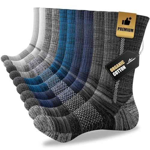 Displays the core product—a multi-pack of socks in different colors and patterns—to show shoppers the variety included in the set. Highlights premium quality and organic cotton material through…