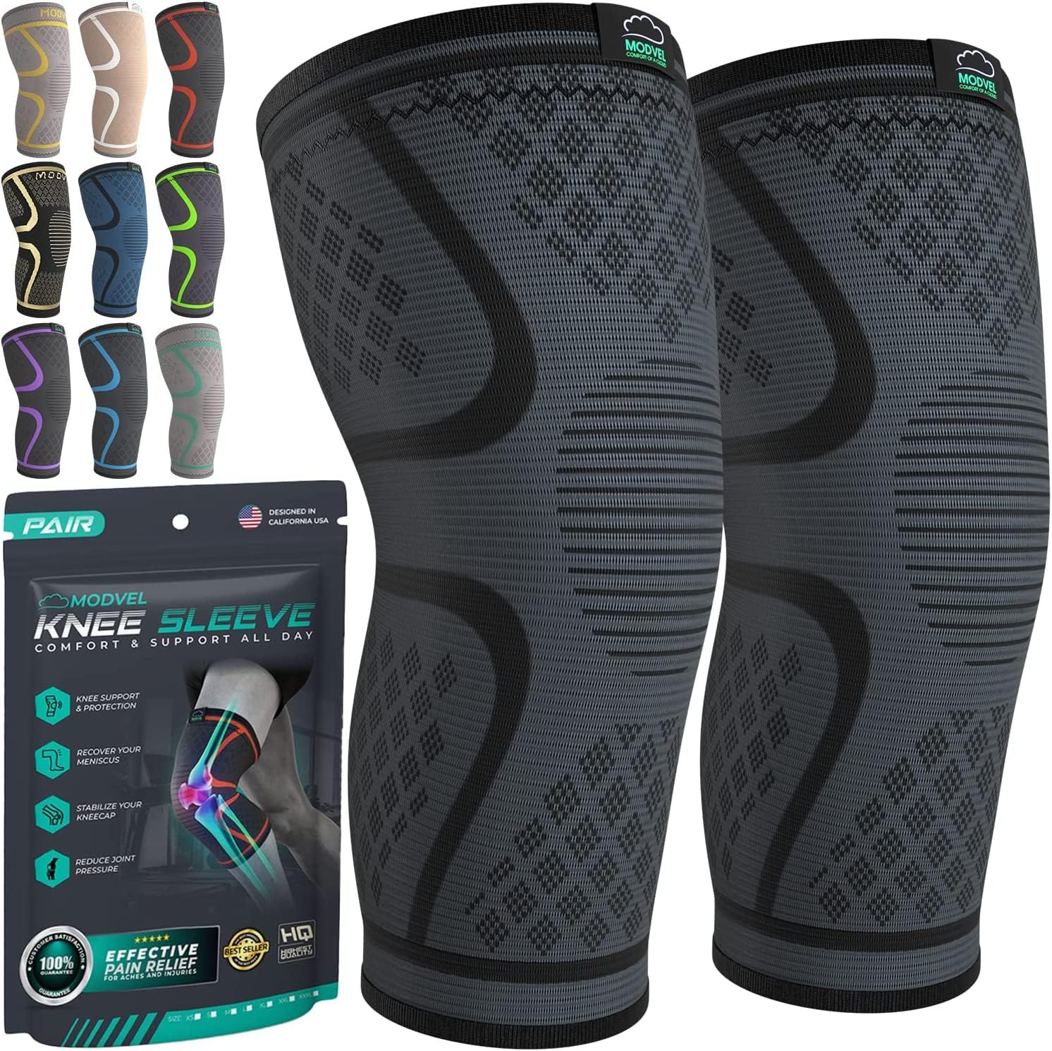 Shows the core product - a pair of knee compression sleeves with detailed textured knit pattern to communicate quality construction and support features. Displays nine different color and design…
