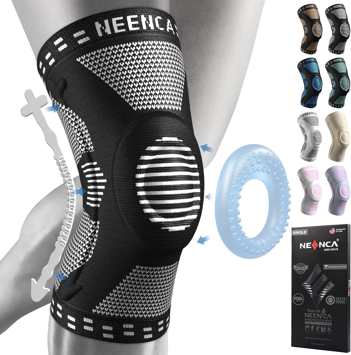 Shows the knee brace product with its compression zones and supportive features to communicate quality construction and targeted support for knee pain relief. Displays the multiple color variations…