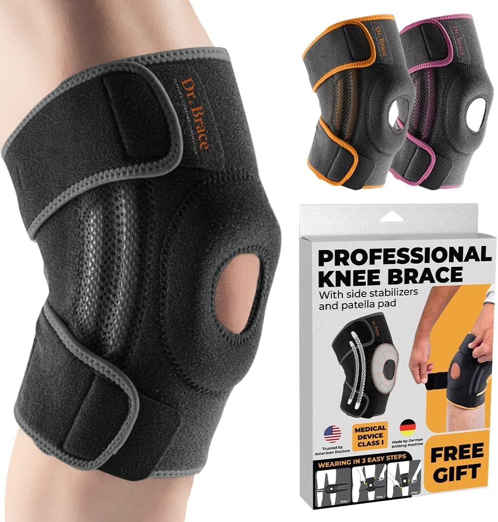 Displays the core product—a professional knee brace—clearly showing its design, construction, and key features like side stabilizers and patella opening to communicate quality and functionality.…