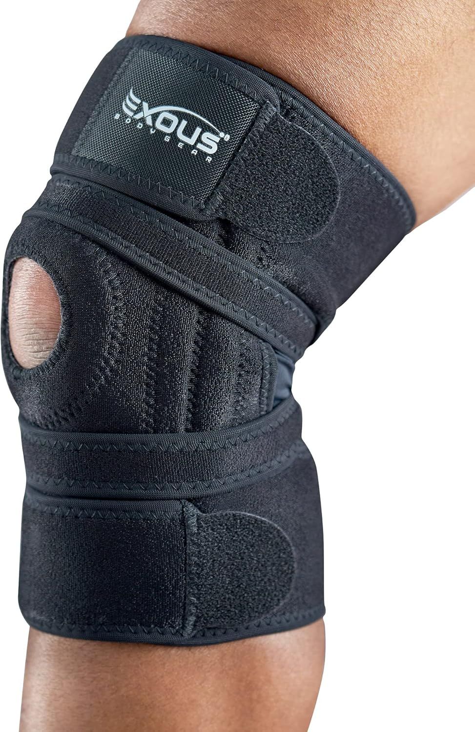 Shows a person wearing the knee brace to demonstrate proper fit, placement, and how the product looks when worn, helping shoppers visualize scale and real-world use. Displays the core knee brace…