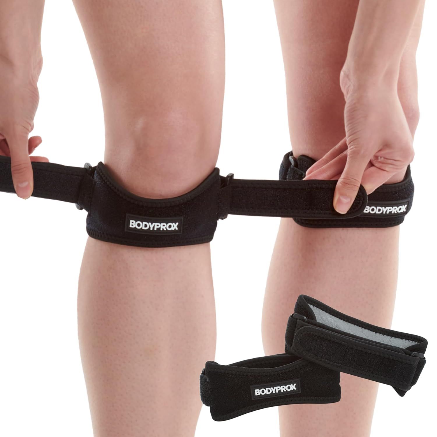Shows a person wearing and adjusting the knee straps to demonstrate proper fit, sizing, and how to use the product on the body. Demonstrates the adjustable strap mechanism and how the product is…