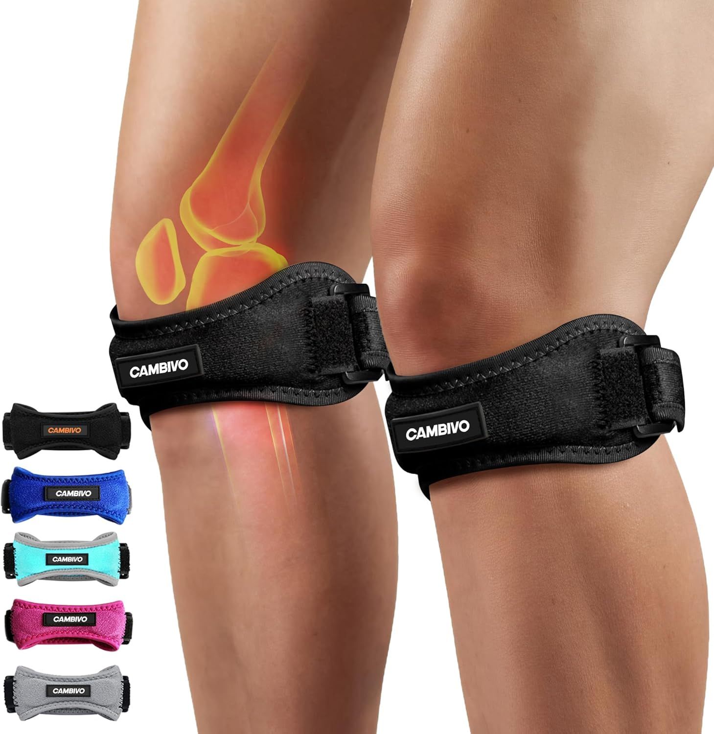 Shows a person wearing the knee straps to demonstrate proper placement and fit, while the anatomical overlay illustrates how the product provides targeted support to relieve knee pain. Displays the…