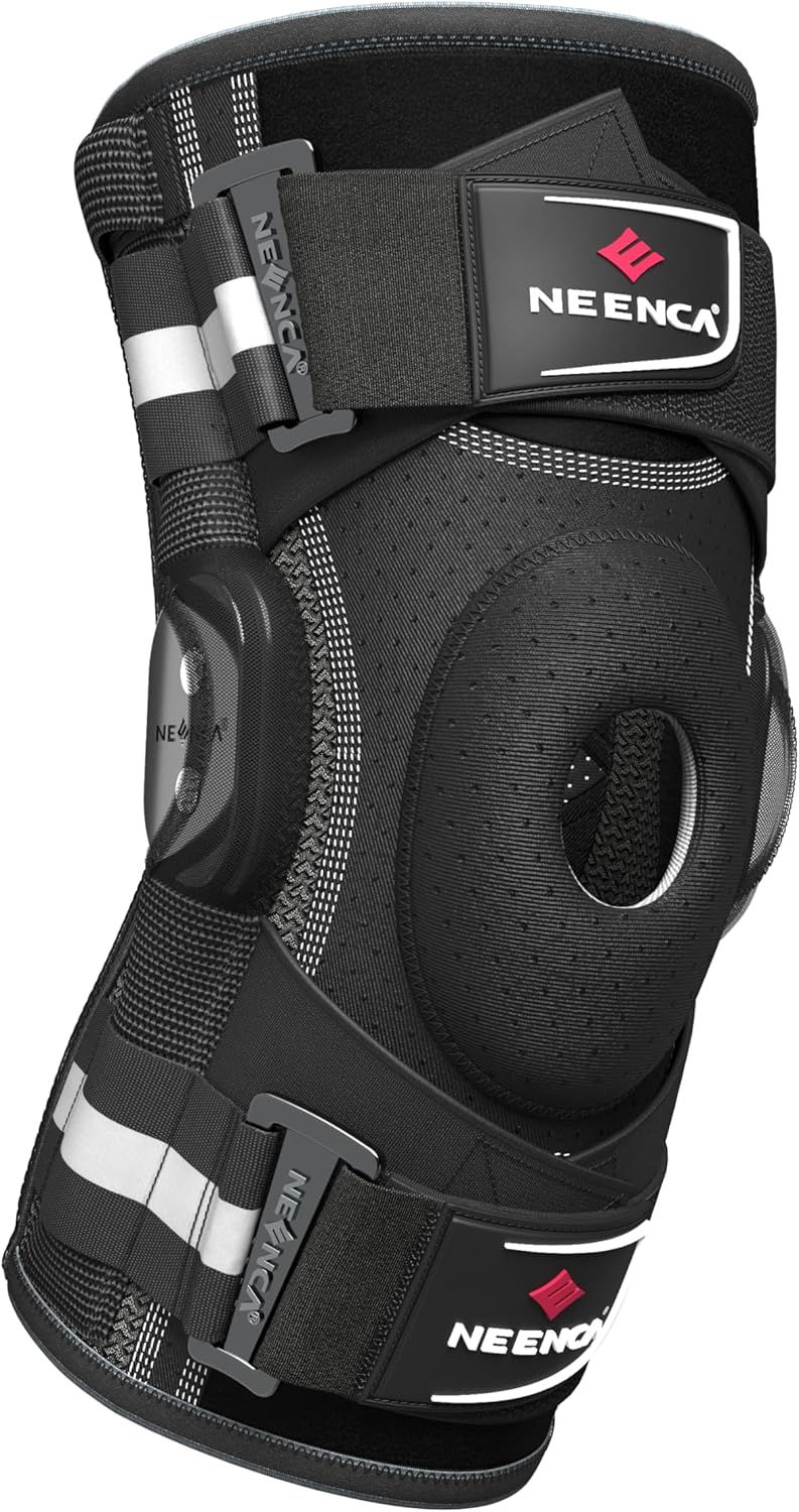 Displays the core product—a knee brace—clearly showing its construction, adjustable buckle straps, padded support, and branding to help shoppers understand what they are purchasing.