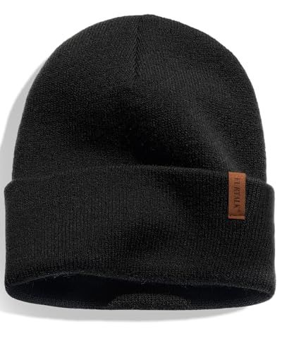 Displays the core product, a black knit beanie with a leather brand label, in a clear catalog-style format to show the shopper exactly what they will receive. Uses a subtle drop shadow to give the…