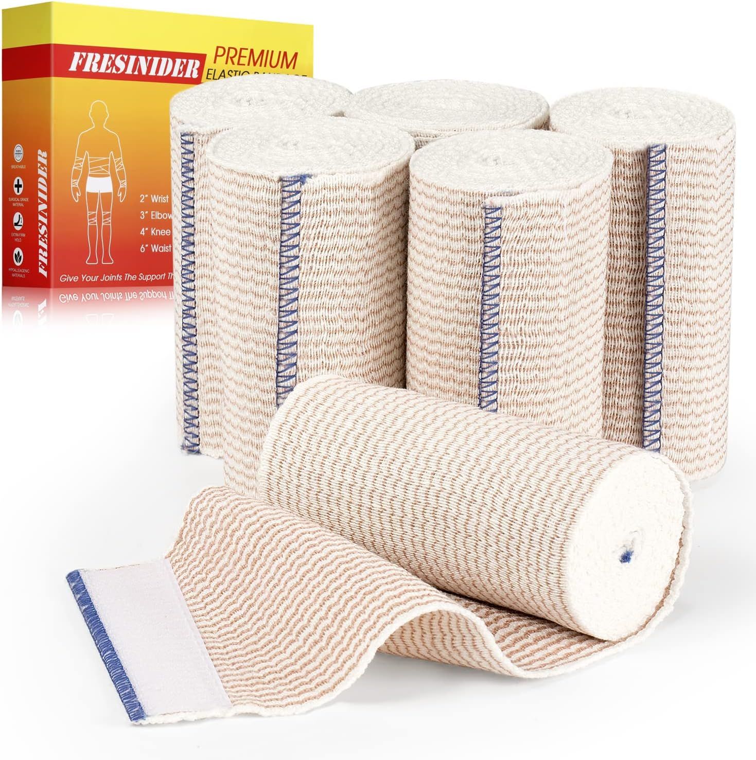 Displays the core product—a set of elastic bandages—clearly showing the quantity and quality of the items included to communicate value and medical-grade support for joints. Shows the retail…