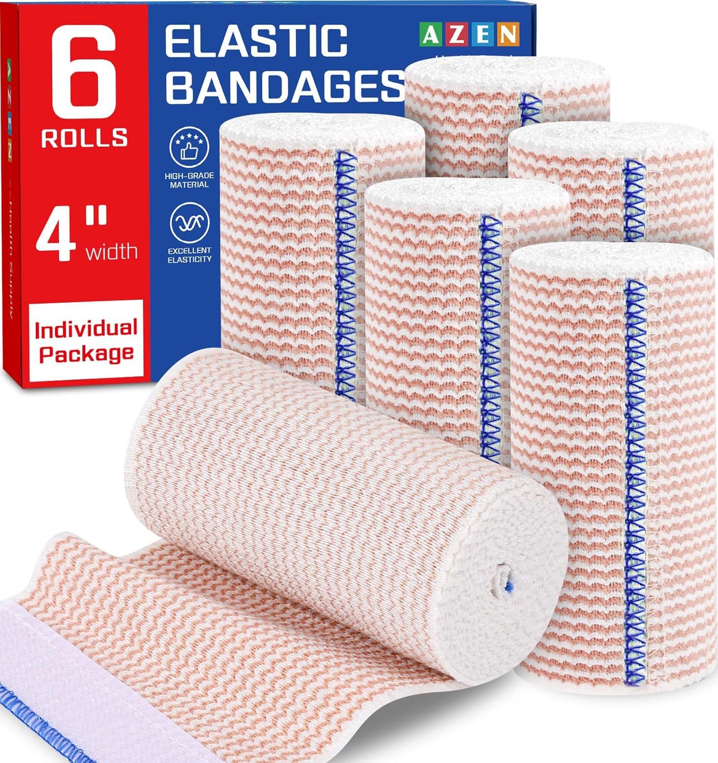 Shows the complete set of 6 elastic bandage rolls that the shopper will receive, demonstrating the quantity and appearance of the product. Displays the retail packaging with key product information…