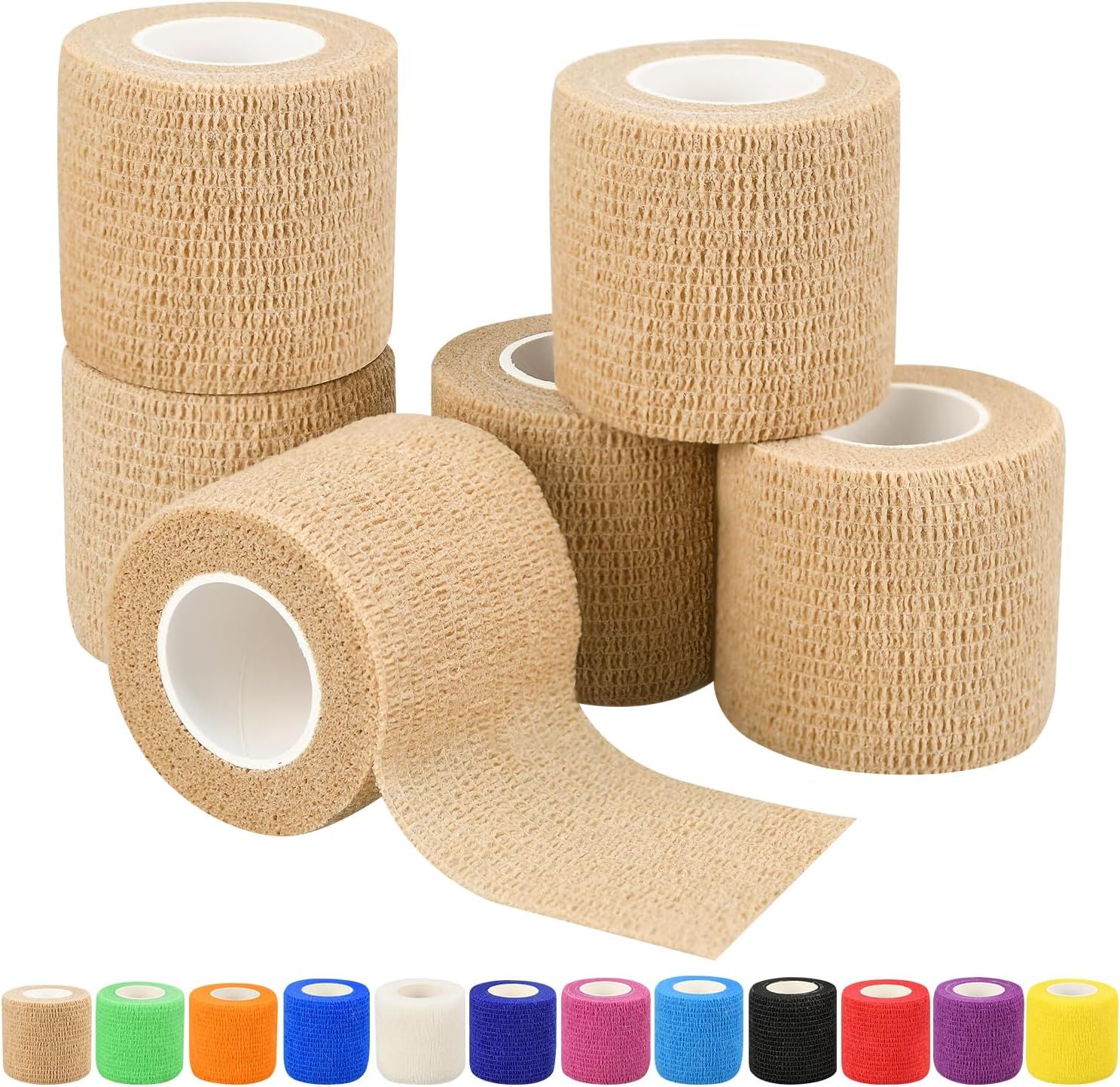 Shows the core product clearly - multiple rolls of self-adhesive cohesive bandage tape in beige/tan color, demonstrating what the buyer receives in the multi-pack. Displays the range of color…