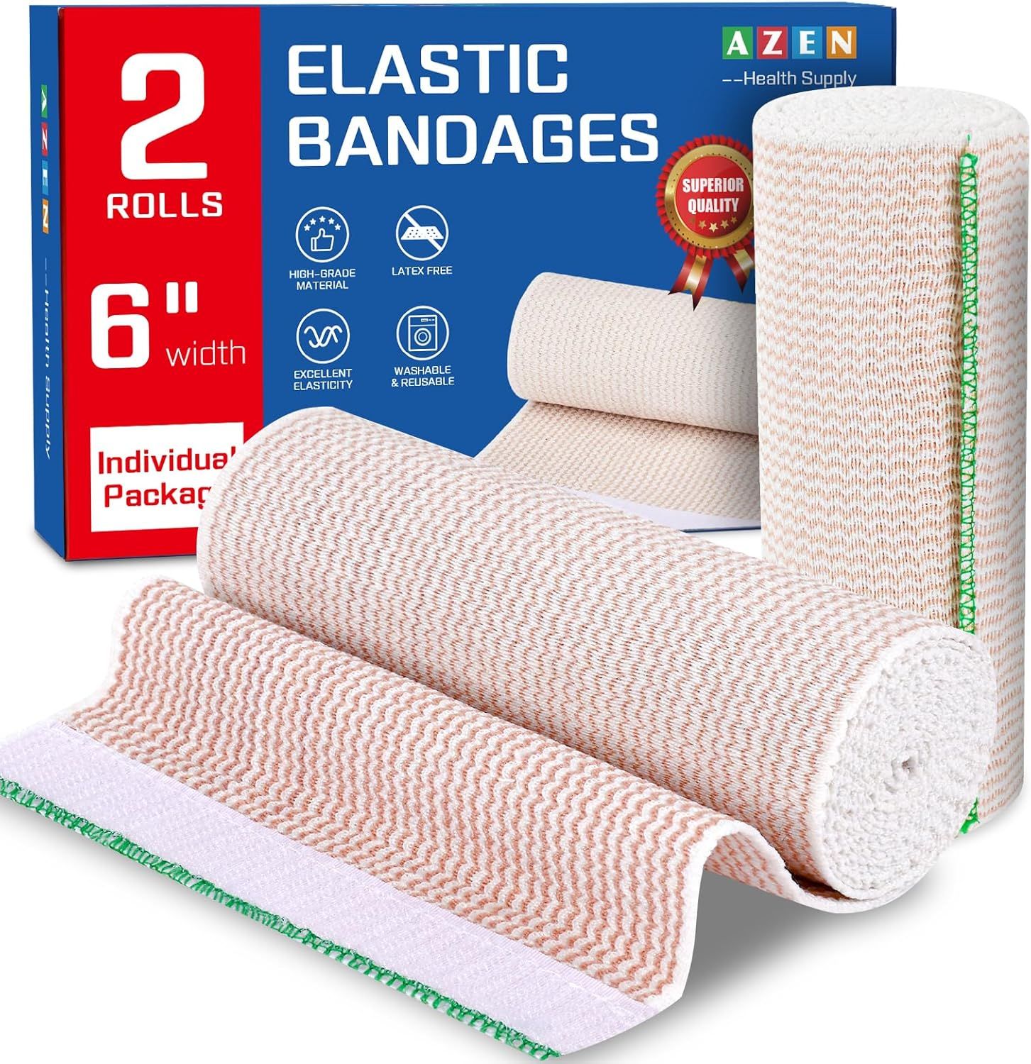 Displays the core product—elastic bandages—showing both rolled and unrolled states to communicate what the shopper is purchasing and how the product looks in use. Shows the retail packaging with key…