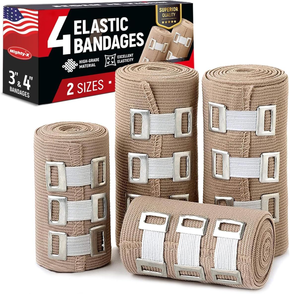 Shows the core product—four elastic bandages in two different sizes (3 inch and 4 inch) with metal clasp closures—to communicate what the shopper will receive. Displays the retail packaging to show…