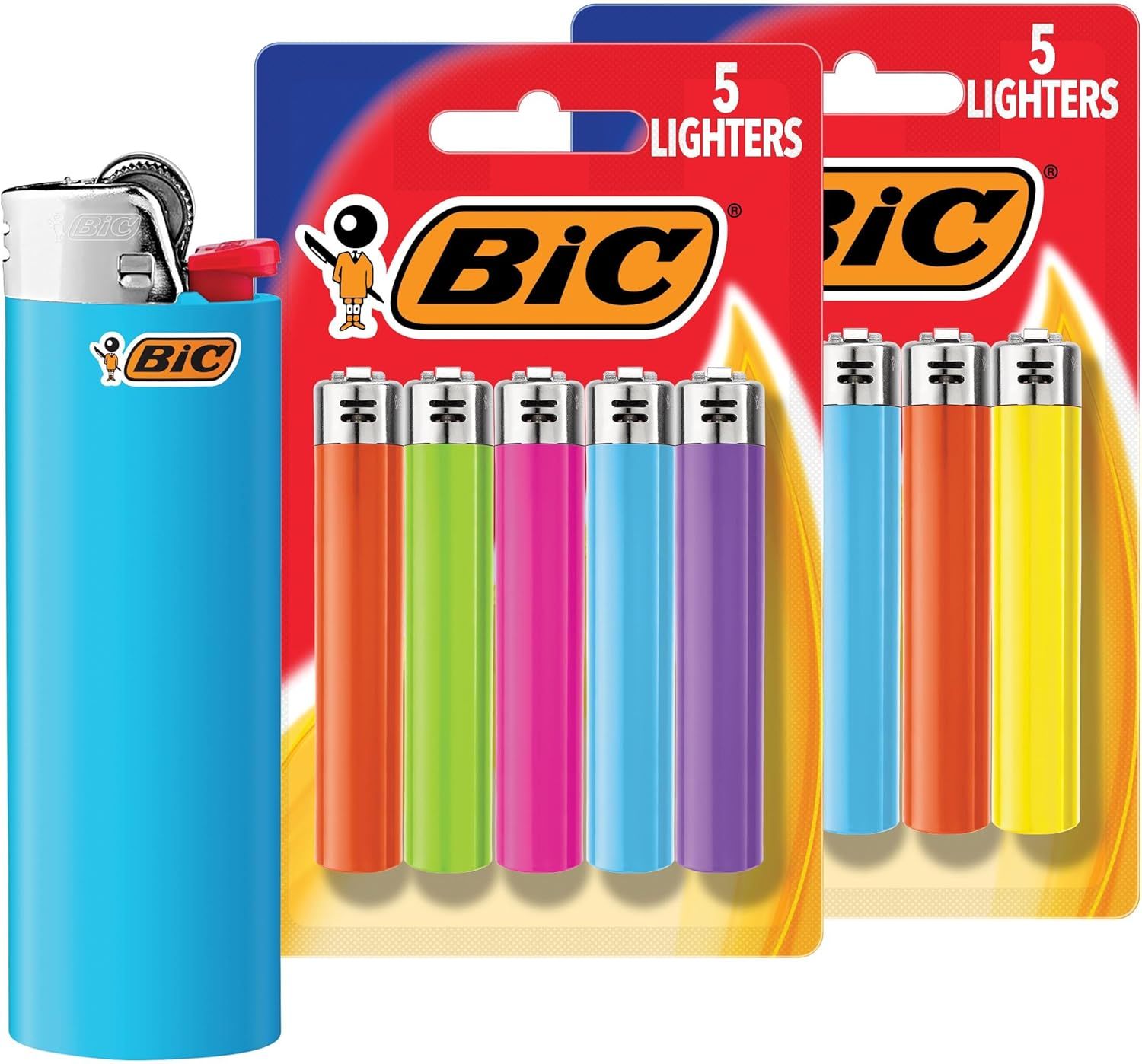 Shows the core product—BIC lighters—in multiple color options and package sizes to communicate variety and value to shoppers. Demonstrates the range of color choices and package configurations…