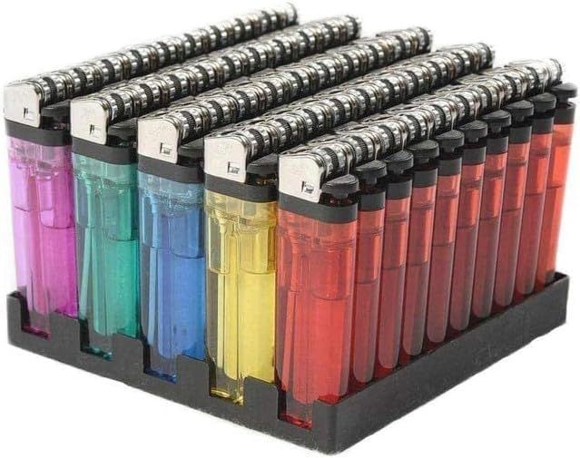 Displays the core product—a bulk pack of colorful disposable lighters—clearly showing the quantity and color assortment available to the buyer. Showcases the variety of colors available, helping…