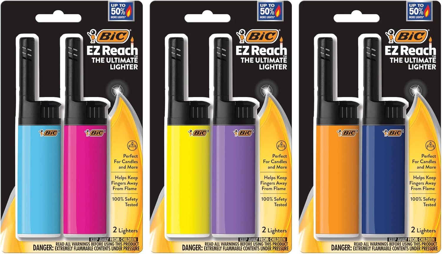 Shows the core product lighters in their retail packaging, displaying the extended reach feature and available color variations to help shoppers understand what they are purchasing. Displays…