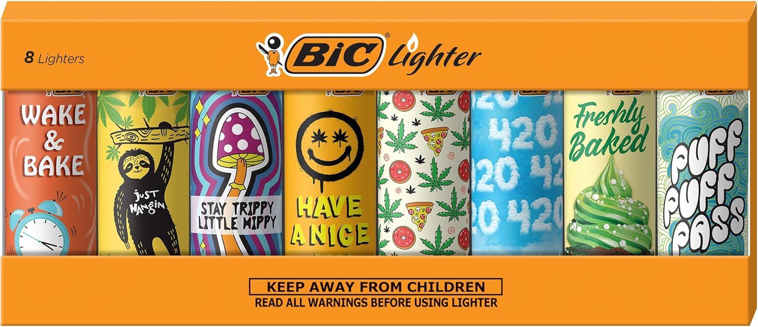 Shows the core product—a set of 8 BIC lighters with various cannabis and stoner culture designs—clearly displayed in retail packaging so shoppers can see all the design variations included in the…