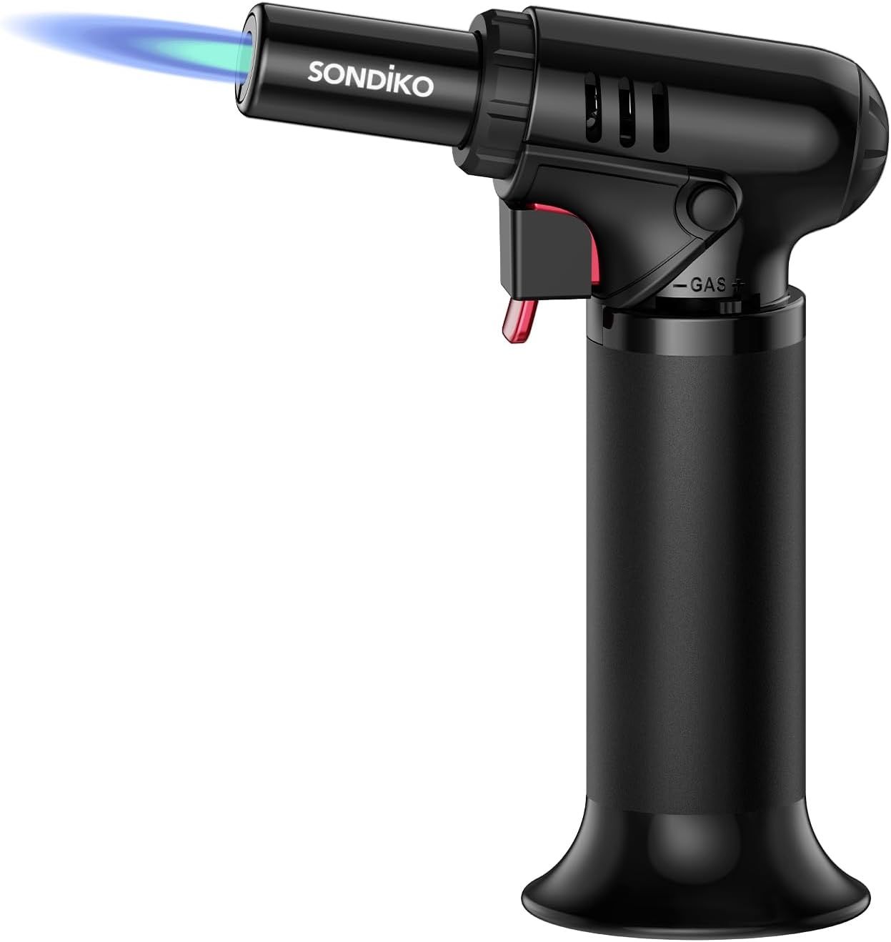 Shows the core product, a butane torch lighter, in action with its blue flame visible to demonstrate its functionality and power for culinary or craft use. Demonstrates the product actively…