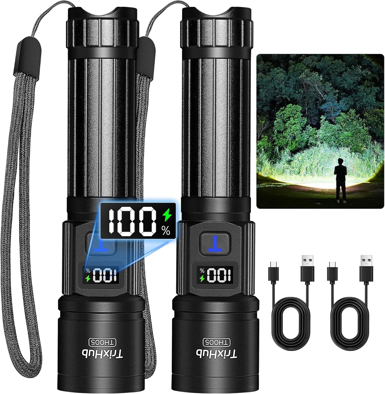 Shows the core product—two tactical flashlights with digital battery indicators—along with included charging cables and a demonstration of the powerful beam in use, communicating the complete…