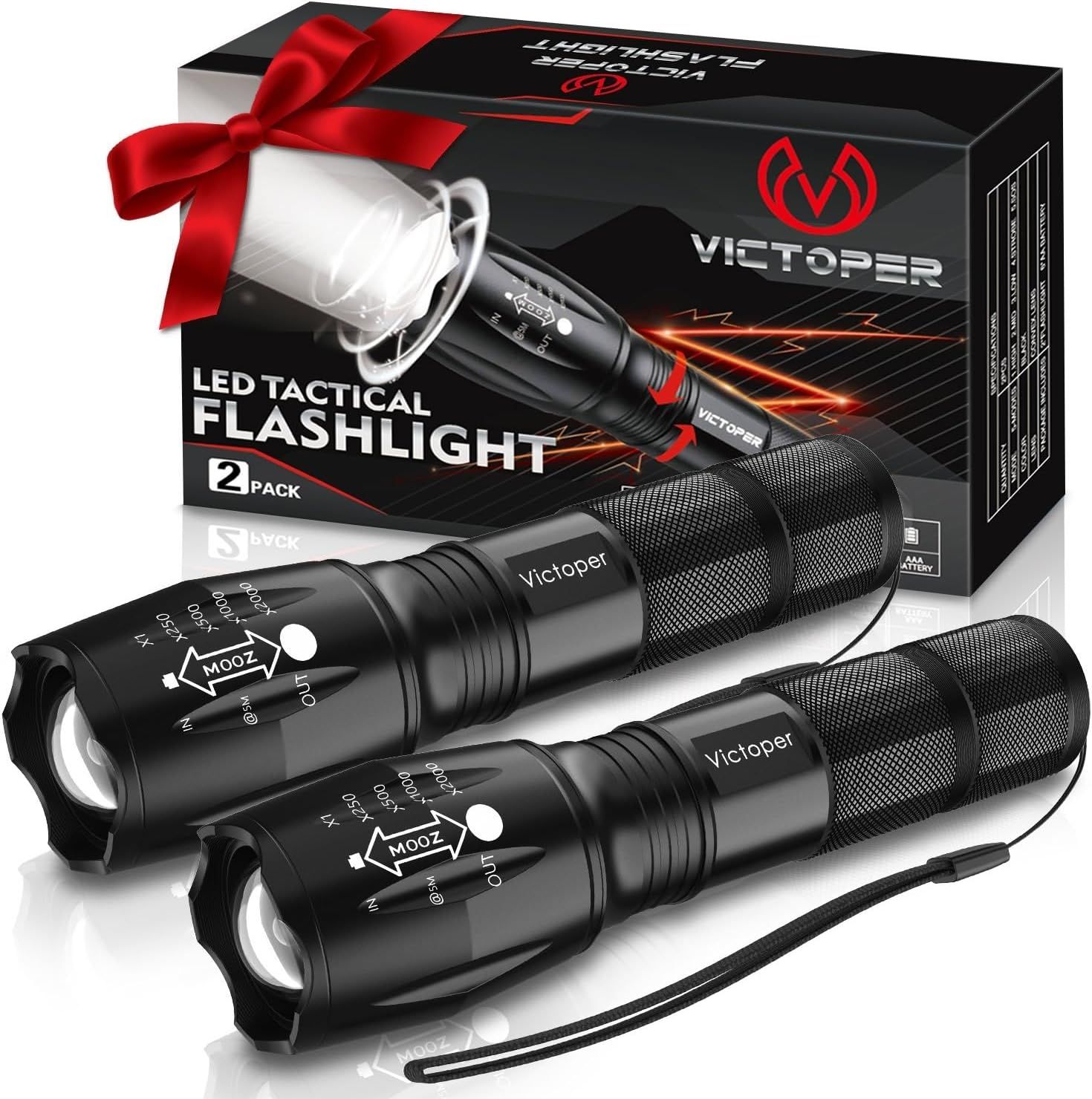 Displays the core product—two LED tactical flashlights with zoom and mode controls—alongside their retail packaging to show what the buyer receives. Shows the branded retail packaging with a…