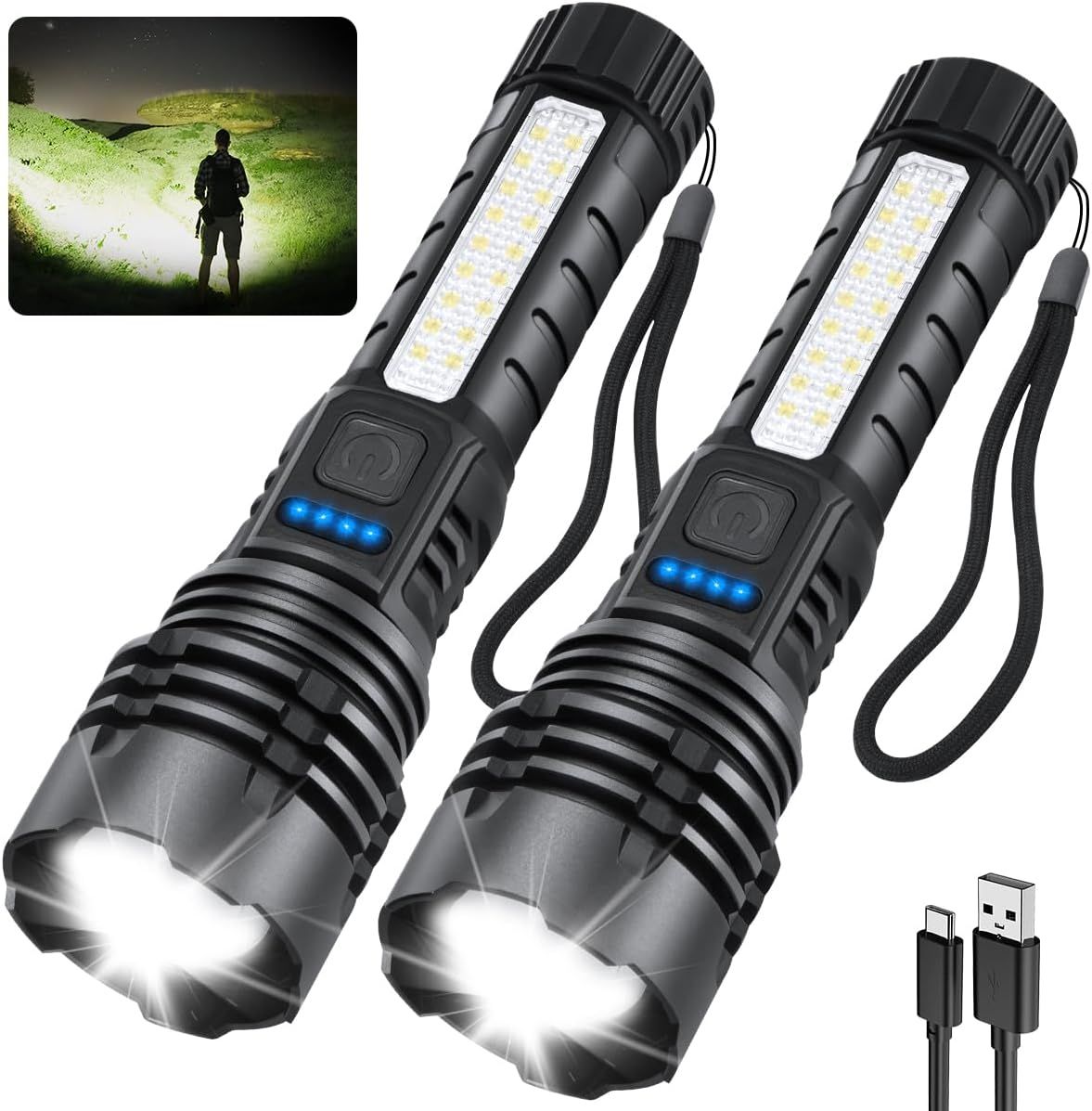 Displays the core product—two tactical LED flashlights with side panel lights and USB charging cables—to show shoppers exactly what they will receive in the purchase. Demonstrates the flashlight's…