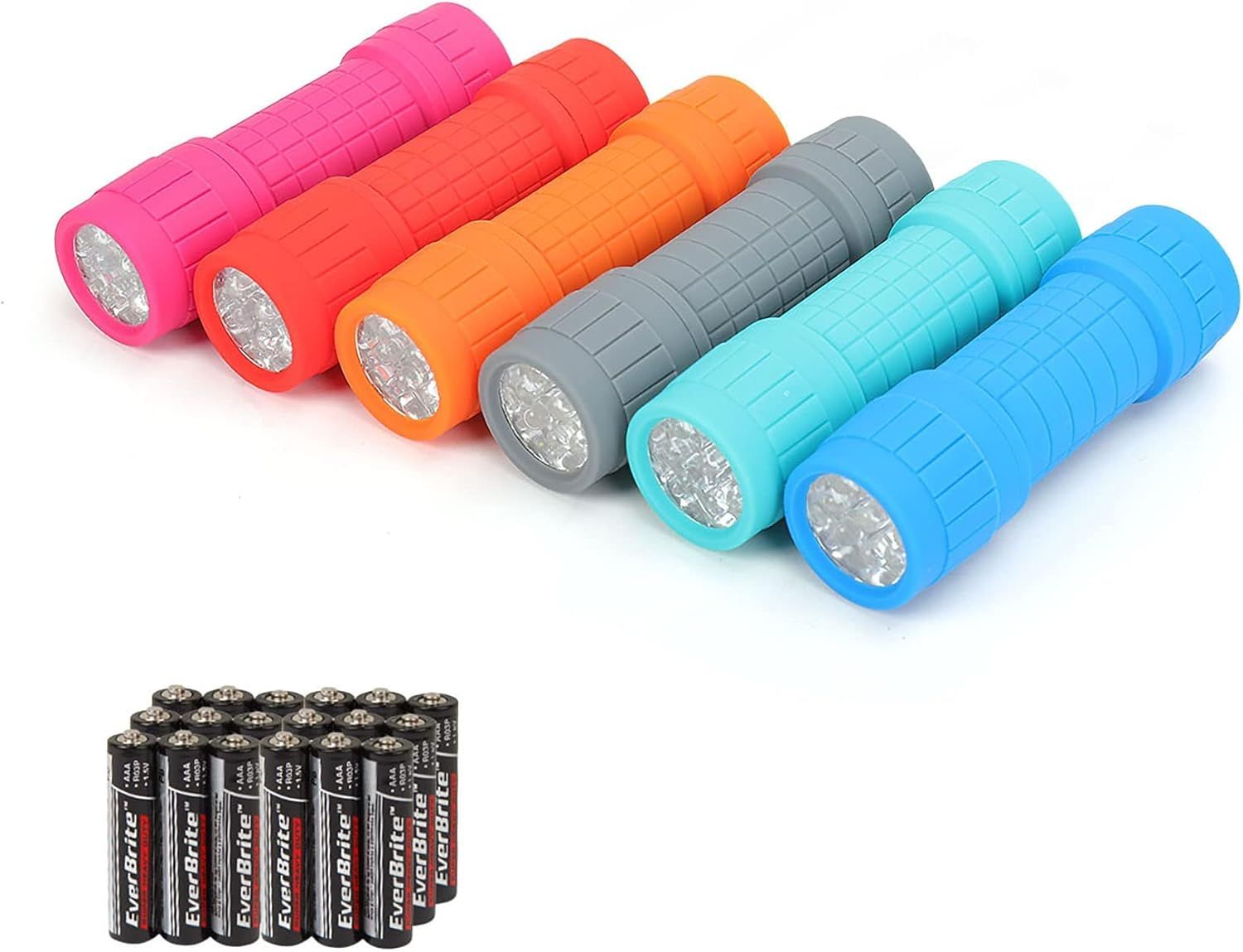 Displays the core product—LED flashlights in six vibrant colors—to show shoppers the variety and design of the flashlights they are purchasing. Shows that batteries are included with the…