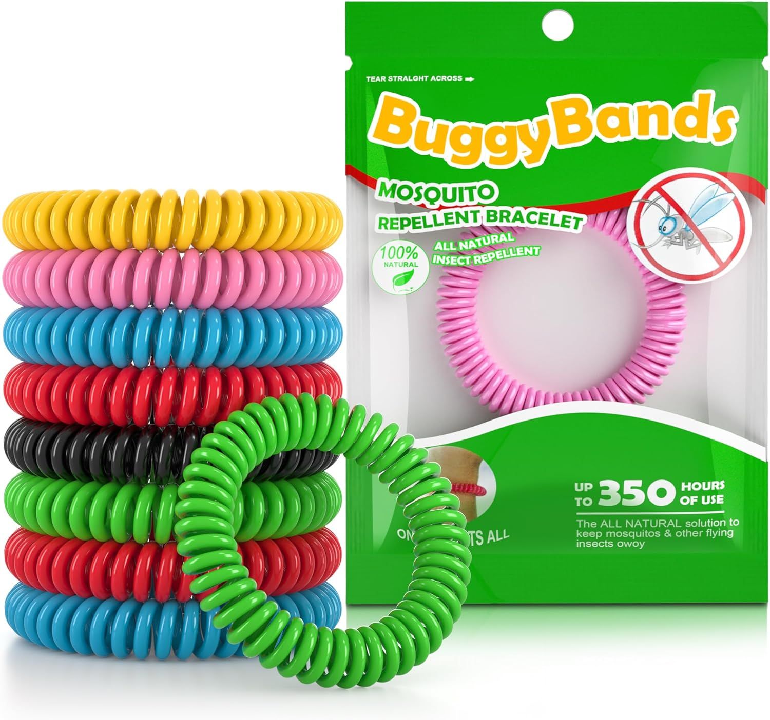 Shows the core product - mosquito repellent bracelets - in multiple colors alongside retail packaging to communicate the variety of options available and the all-natural insect protection benefit.…