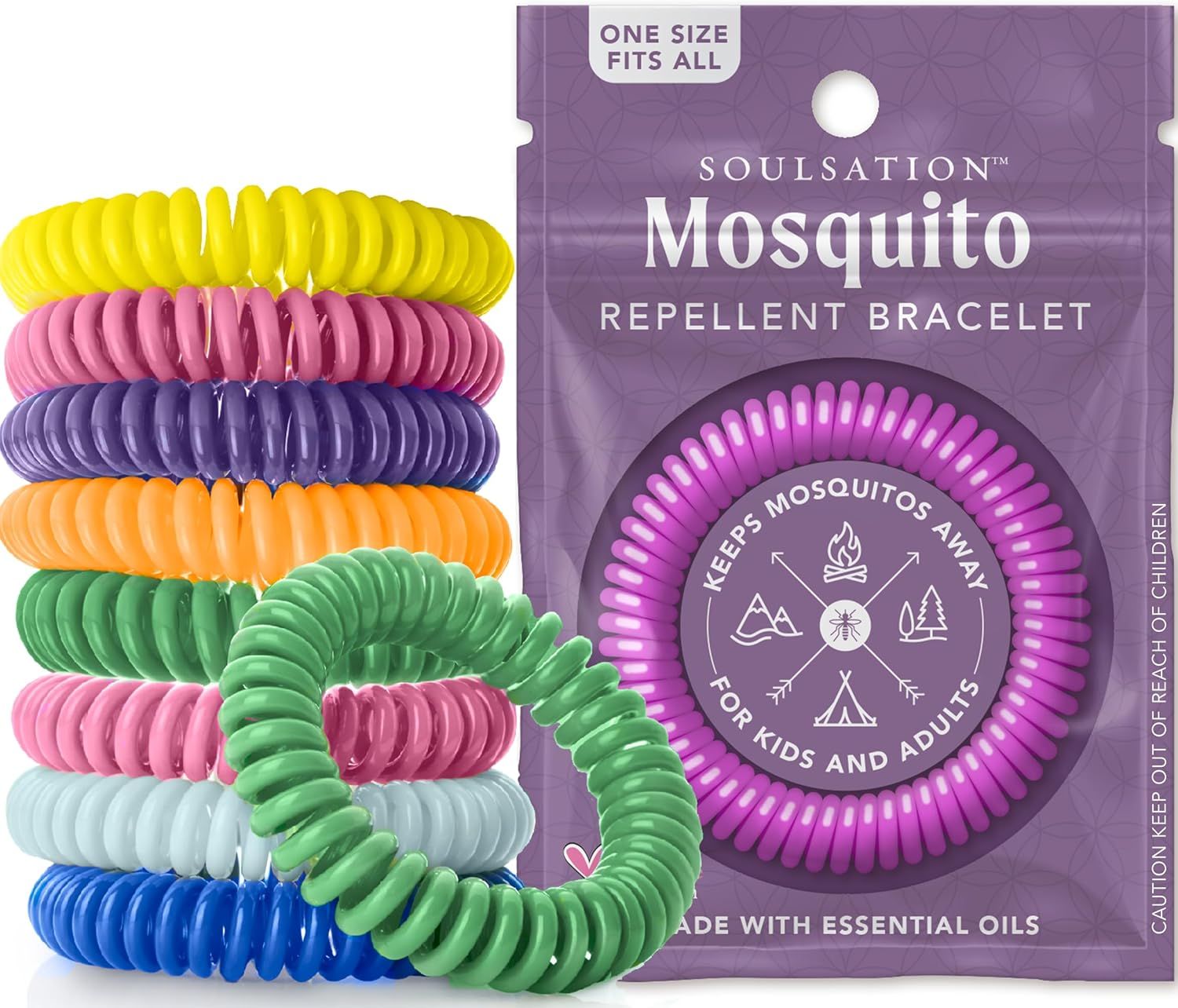 Shows the core product (mosquito repellent bracelets) in multiple vibrant colors to communicate variety and appeal to different preferences. Displays the retail packaging alongside the product to…
