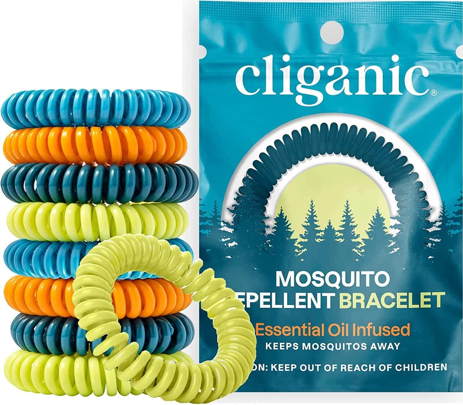 Shows the core product - colorful mosquito repellent bracelets - alongside their retail packaging to communicate what the buyer will receive and the variety of colors included. Displays the branded…