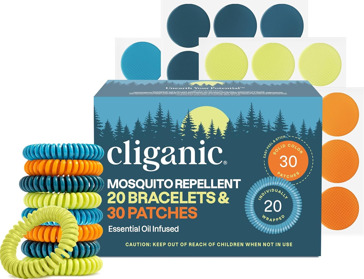 Shows the complete product offering of 20 bracelets and 30 patches in various colors, clearly displaying what the customer will receive in the package. Displays the retail packaging with branding…
