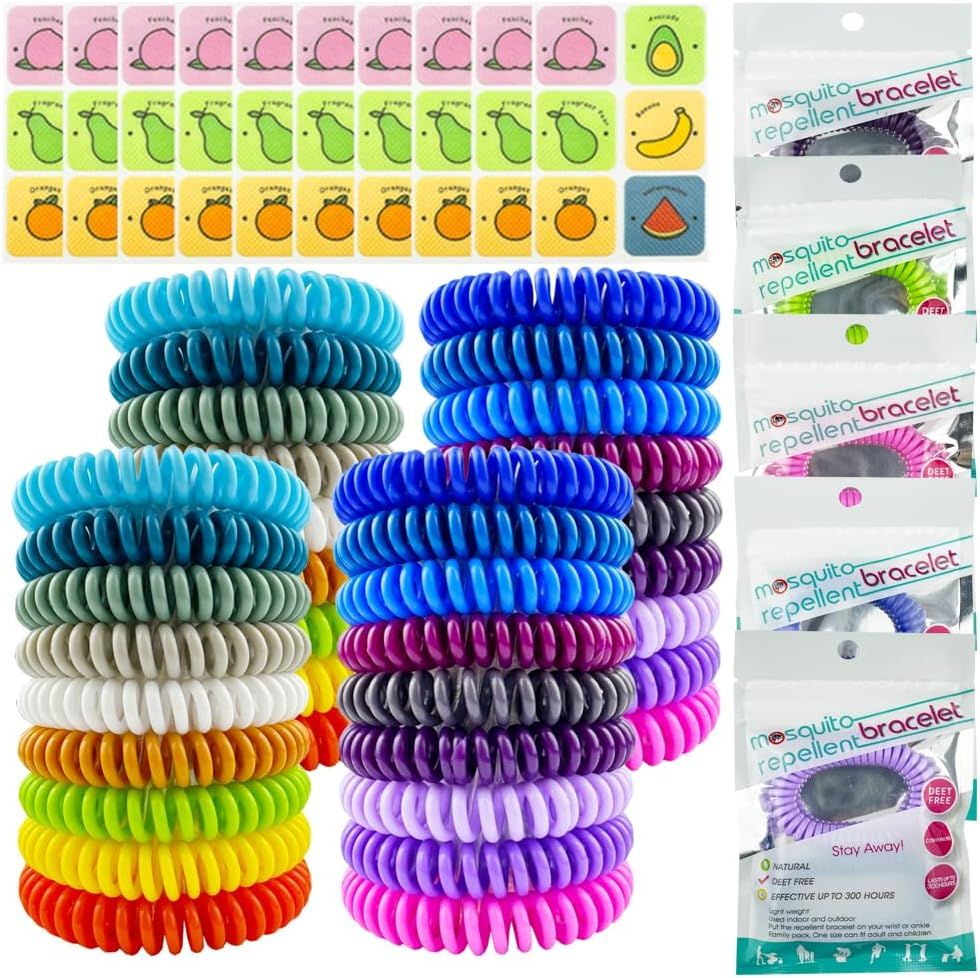 Shows the core product—mosquito repellent bracelets—in a wide variety of colors to communicate the available selection and appeal to shoppers looking for colorful, wearable insect protection.…