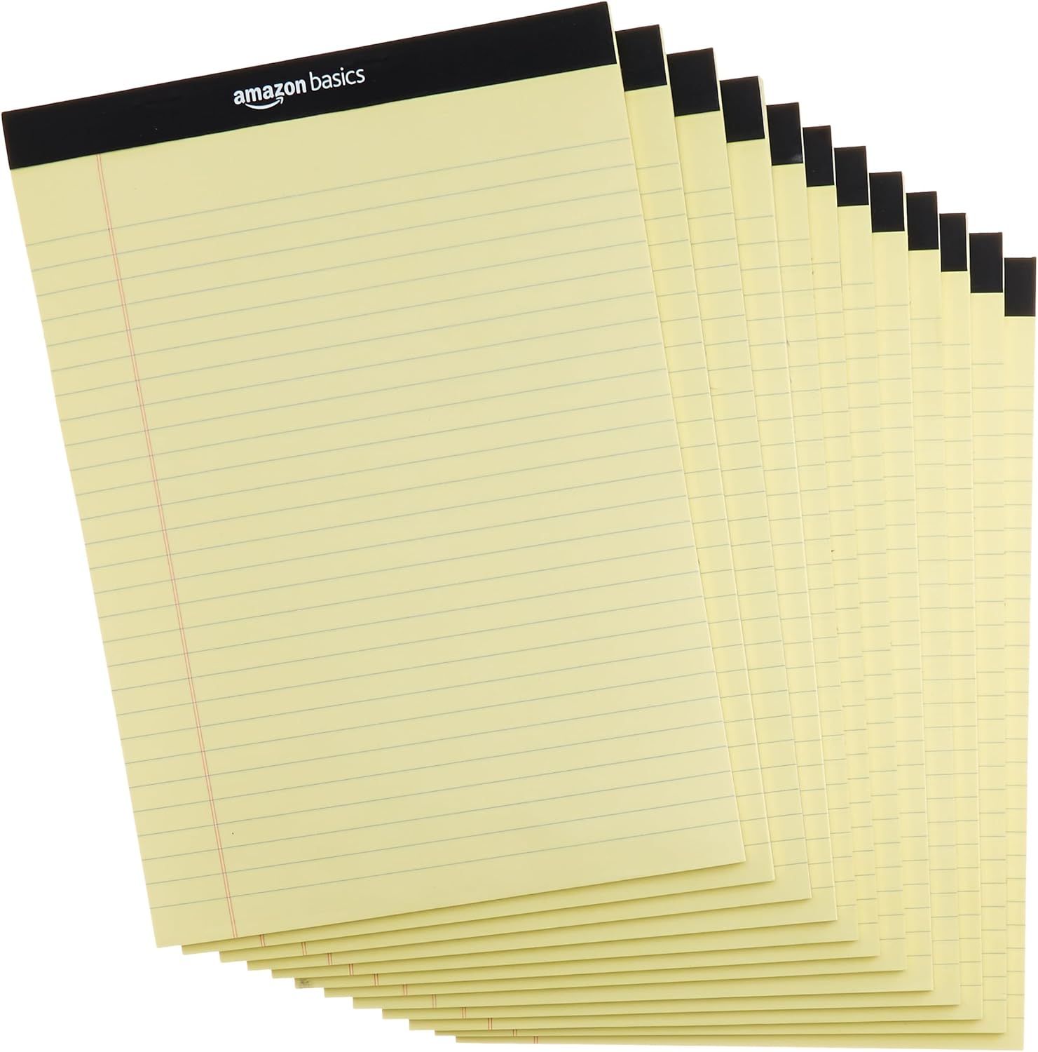 Shows the core product clearly—a stack of yellow legal pads with the Amazon Basics branding—so shoppers can see exactly what they are purchasing.