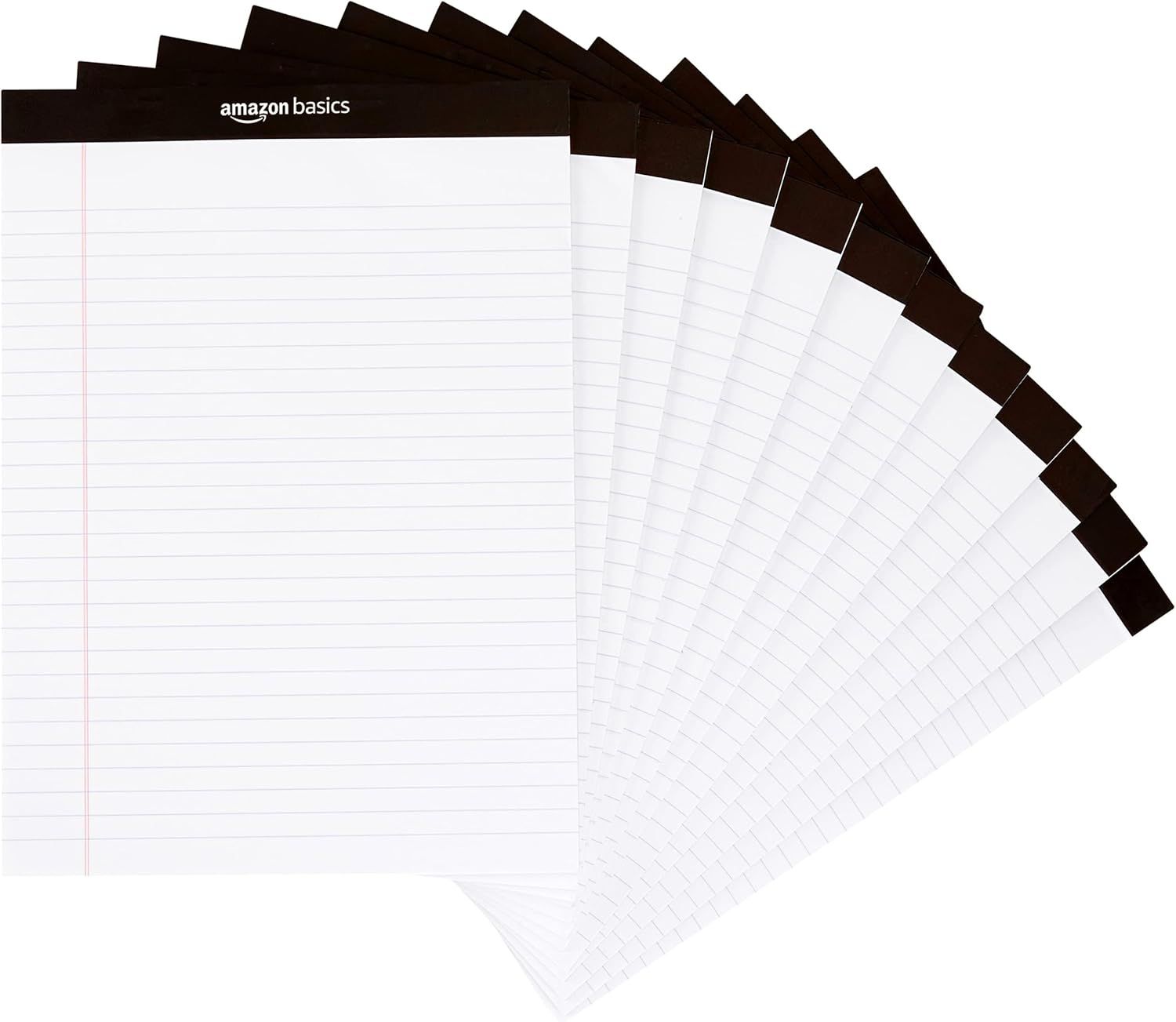 Shows the core product - a multi-pack of Amazon Basics lined notepads with black binding, displayed in a fanned arrangement to demonstrate quantity and the lined paper format.