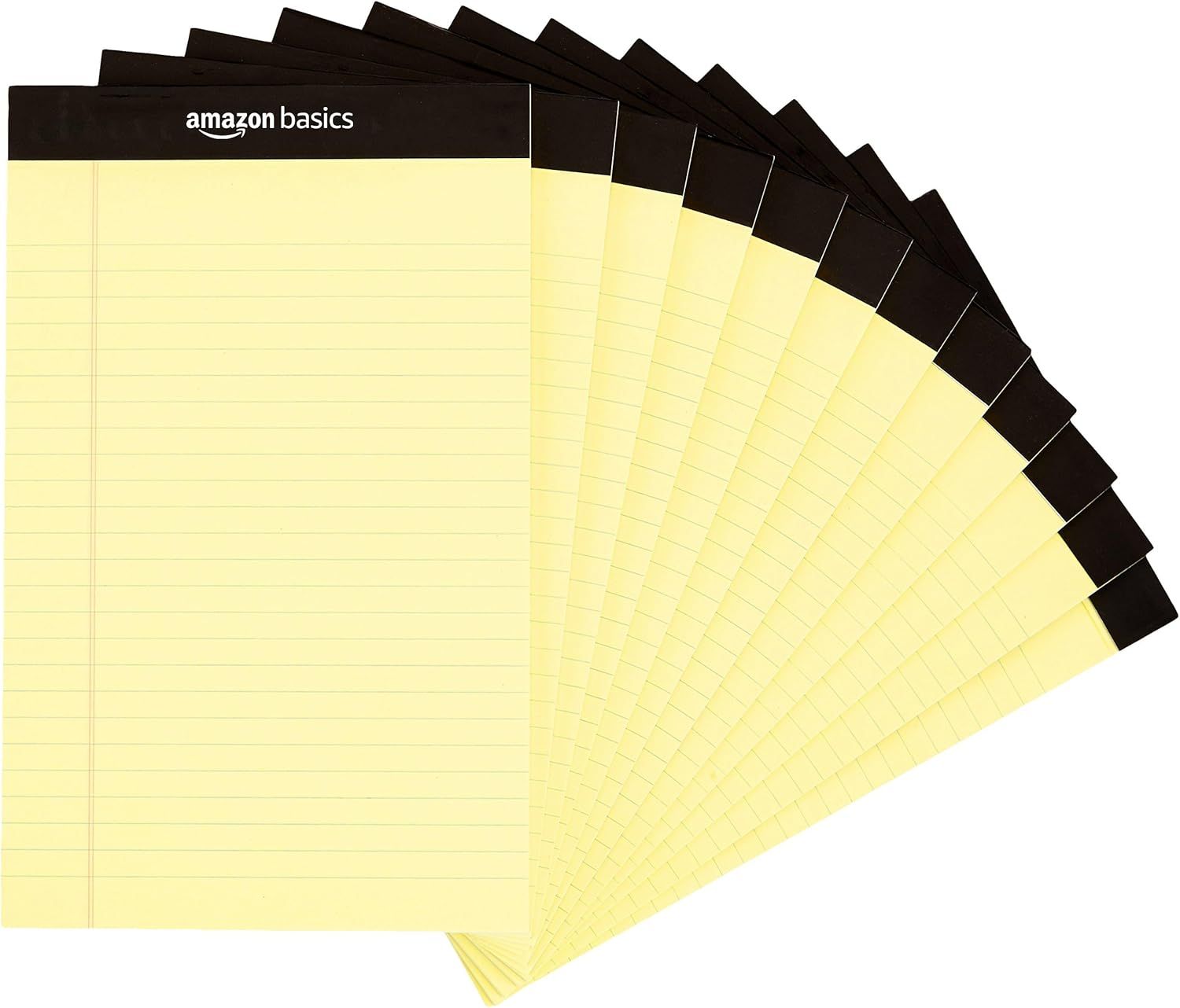 Shows the core product—a multi-pack of Amazon Basics yellow legal pads—clearly displayed to communicate quantity and brand.