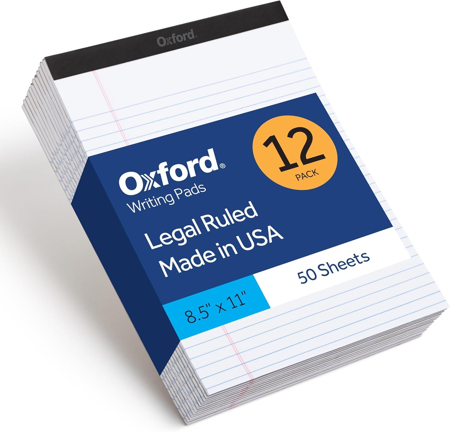Shows the core product—a 12-pack of Oxford legal ruled writing pads—clearly displaying the brand, quantity, sheet count, and dimensions to help shoppers understand exactly what they are purchasing.…
