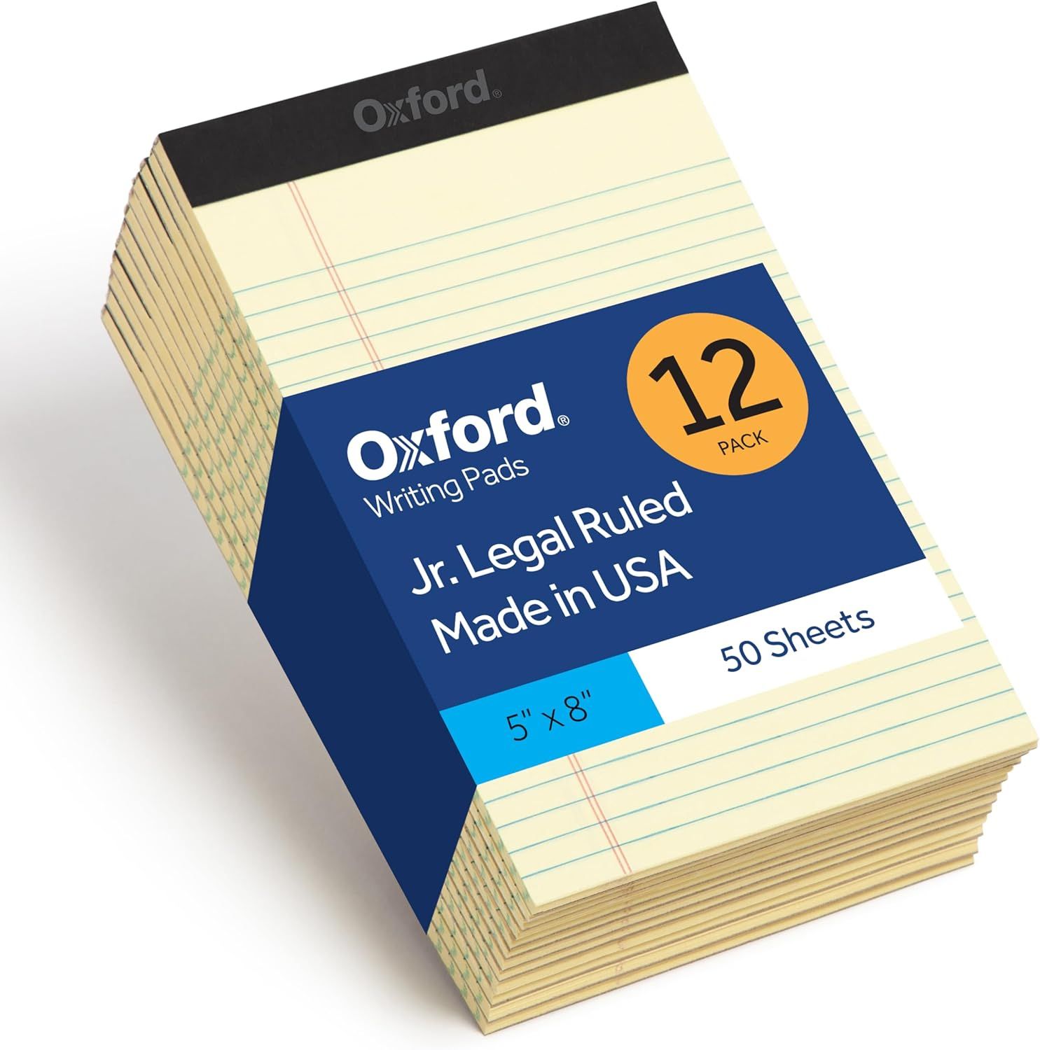 Shows the core product clearly—a 12-pack of Oxford junior legal ruled writing pads—so shoppers understand exactly what they are purchasing. Displays the retail packaging wrapper that communicates…