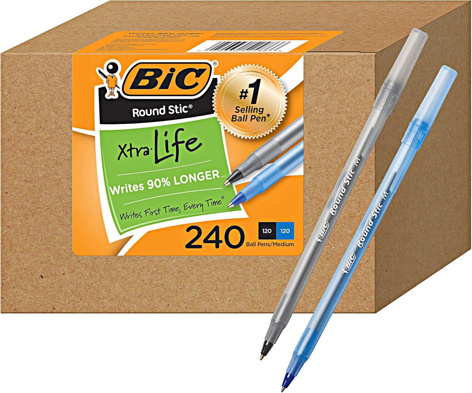 Shows the BIC Round Stic Xtra Life ballpoint pens in a 240-count bulk package alongside individual pen samples, communicating the product's extended writing life (90% longer) and value as the #1…